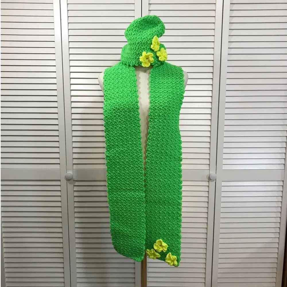 NWT Crochet Textured Boho Cottage Winter Limeade Green Scarf 74” & Beanie Set